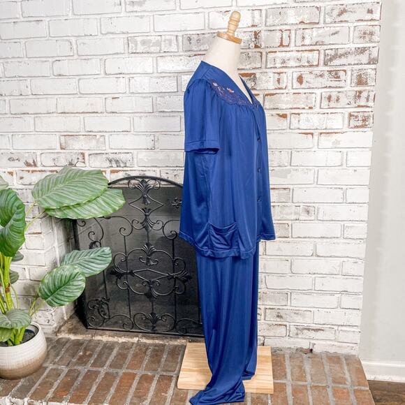 Vintage 70s Blue Floral Lace Detail Short Sleeve Button Down Lightweight Set S - Picture 6 of 8